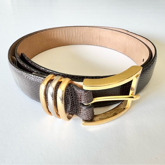 NWT Mezlan Genuine Lizard Leather Belt Gold Silver Buckle Made in Spain size 36 - Picture 1 of 11